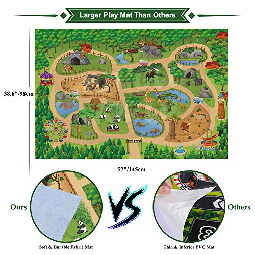 Mini Tudou 12 Pcs Safari Animals Figures Toys w/ 145x98CM Large Activity Play Mat, Realistic Jumbo Jungle Wild Zoo Animals Figurines Playset w/Elephant, Giraffe, Lion for Kids Toddlers Boys & Girls