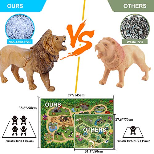 Mini Tudou 12 Pcs Safari Animals Figures Toys w/ 145x98CM Large Activity Play Mat, Realistic Jumbo Jungle Wild Zoo Animals Figurines Playset w/Elephant, Giraffe, Lion for Kids Toddlers Boys & Girls