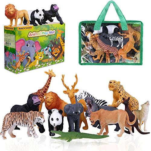 INNOCHEER Safari Animals Figures Toys, Realistic Wild Zoo Animals Figurines with Play Mat, Large Jungle Animals Playset with Elephant, Giraffe, Lion, Tiger, Gorilla Panda...for Kids Toddlers, Gift Set