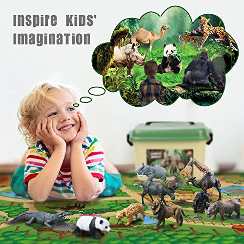Mini Tudou 12 Pcs Safari Animals Figures Toys w/ 145x98CM Large Activity Play Mat, Realistic Jumbo Jungle Wild Zoo Animals Figurines Playset w/Elephant, Giraffe, Lion for Kids Toddlers Boys & Girls