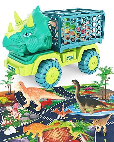 15 In 1Dinosaur Toys for Kids 3-5 Years Old, Triceratops Transport Car Carrier Truck Large Activity Play Mat Dinosaur Egg and Trees Dinosaur Escape Play Set Halloween Christmas Xmax Stocking Fillers