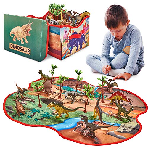 Prehistoric World Dinosaur Figures & Playmat - 12 Toy Dinosaurs For Kids - Storage Box/Dinosaur Play Mat - Dinosaur Gifts For Boys - Dinosaur Toys For Boys Age 3 +
