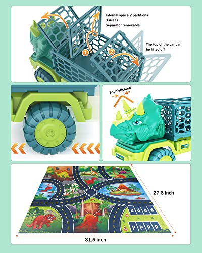 15 In 1Dinosaur Toys for Kids 3-5 Years Old, Triceratops Transport Car Carrier Truck Large Activity Play Mat Dinosaur Egg and Trees Dinosaur Escape Play Set Halloween Christmas Xmax Stocking Fillers