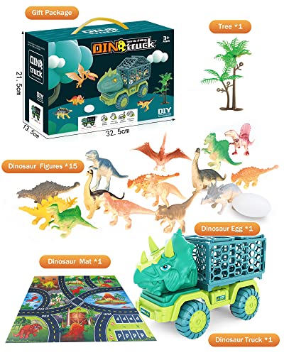 15 In 1Dinosaur Toys for Kids 3-5 Years Old, Triceratops Transport Car Carrier Truck Large Activity Play Mat Dinosaur Egg and Trees Dinosaur Escape Play Set Halloween Christmas Xmax Stocking Fillers
