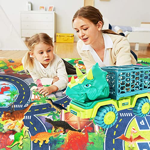 15 In 1Dinosaur Toys for Kids 3-5 Years Old, Triceratops Transport Car Carrier Truck Large Activity Play Mat Dinosaur Egg and Trees Dinosaur Escape Play Set Halloween Christmas Xmax Stocking Fillers