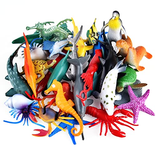 PLULON 32Pcs Sea Animal Figures Toys, Sea Creatures Animal Toys Kids' Play Figures Plastic Animals Cake Toppers for Kids Party Favor Supplies, Birthday Gifts
