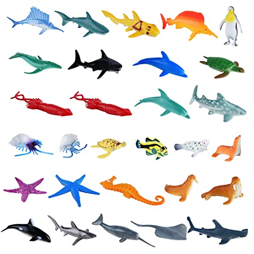 PLULON 32Pcs Sea Animal Figures Toys, Sea Creatures Animal Toys Kids' Play Figures Plastic Animals Cake Toppers for Kids Party Favor Supplies, Birthday Gifts
