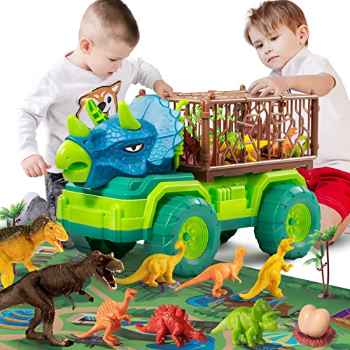 TEMI Dinosaur Truck Toy for Kids +3 Years Old, Triceratops Transport Car Carrier Truck with 8 Dino Figures, Activity Play Mat, Dinosaur Eggs and Trees, Capture Dinosaur Play Set for Boys and Girls
