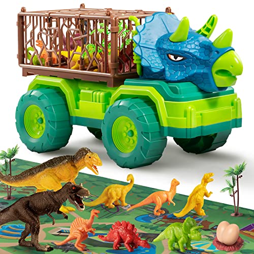 TEMI Dinosaur Truck Toy for Kids +3 Years Old, Triceratops Transport Car Carrier Truck with 8 Dino Figures, Activity Play Mat, Dinosaur Eggs and Trees, Capture Dinosaur Play Set for Boys and Girls