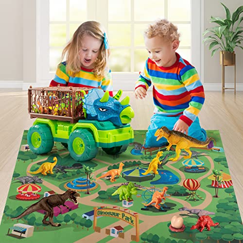 TEMI Dinosaur Truck Toy for Kids +3 Years Old, Triceratops Transport Car Carrier Truck with 8 Dino Figures, Activity Play Mat, Dinosaur Eggs and Trees, Capture Dinosaur Play Set for Boys and Girls