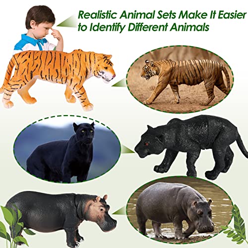 BUYGER Large Size Jungle Wild Animal Figures Toys Set, Realistic Zoo Safari Figure Animal Playset with Play Mat Assemble Puzzle Fence Gift for 3 + Year Old Kids Boy Girl