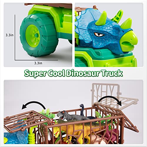 TEMI Dinosaur Truck Toy for Kids +3 Years Old, Triceratops Transport Car Carrier Truck with 8 Dino Figures, Activity Play Mat, Dinosaur Eggs and Trees, Capture Dinosaur Play Set for Boys and Girls