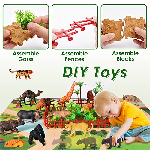 BUYGER Large Size Jungle Wild Animal Figures Toys Set, Realistic Zoo Safari Figure Animal Playset with Play Mat Assemble Puzzle Fence Gift for 3 + Year Old Kids Boy Girl