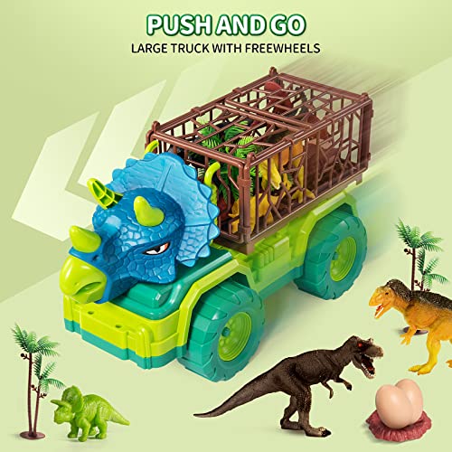 TEMI Dinosaur Truck Toy for Kids +3 Years Old, Triceratops Transport Car Carrier Truck with 8 Dino Figures, Activity Play Mat, Dinosaur Eggs and Trees, Capture Dinosaur Play Set for Boys and Girls