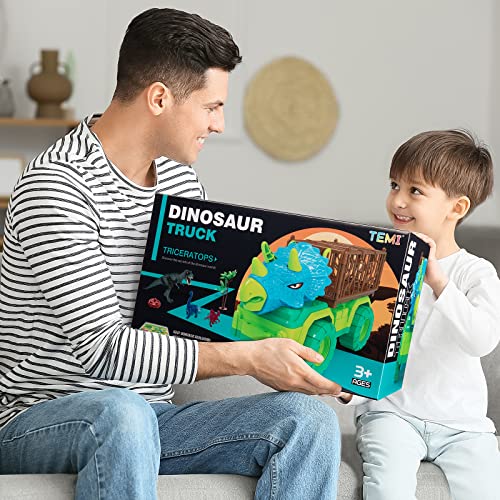 TEMI Dinosaur Truck Toy for Kids +3 Years Old, Triceratops Transport Car Carrier Truck with 8 Dino Figures, Activity Play Mat, Dinosaur Eggs and Trees, Capture Dinosaur Play Set for Boys and Girls