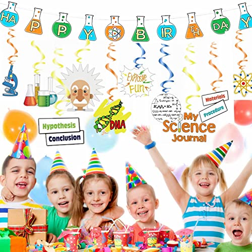 Science Theme Birthday Decoration Kit Science Birthday Banner & Hanging Swirls Ceiling Whirl Streamer Hanging Cutouts Set Mad Science Party for Kids Birthday Baby Shower Chemistry Laboratory Party