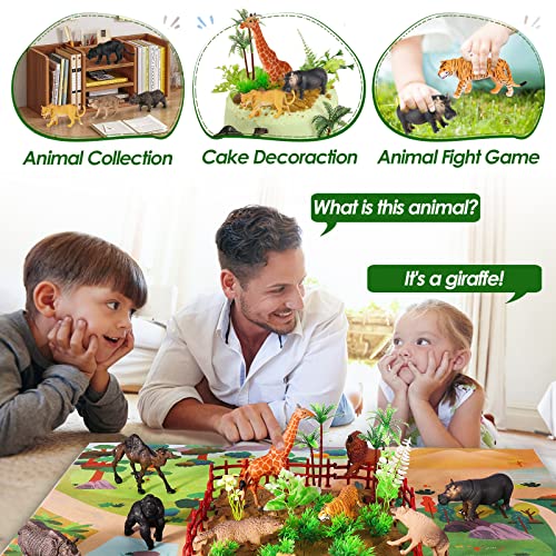 BUYGER Large Size Jungle Wild Animal Figures Toys Set, Realistic Zoo Safari Figure Animal Playset with Play Mat Assemble Puzzle Fence Gift for 3 + Year Old Kids Boy Girl