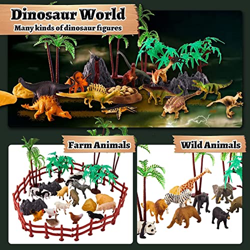 TOEY PLAY 3 in 1 Animals Toys, Farm Animals, Wild Jungle Zoo Animal, Dinosaur Toy, Mini Animal Figures Set with Carry Case, 56PCS, Gifts for Kids Boys Girls 3 4 5 6 Years Old