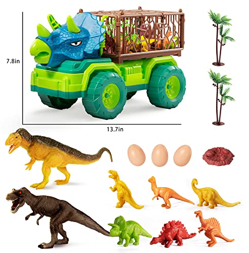 TEMI Dinosaur Truck Toy for Kids +3 Years Old, Triceratops Transport Car Carrier Truck with 8 Dino Figures, Activity Play Mat, Dinosaur Eggs and Trees, Capture Dinosaur Play Set for Boys and Girls