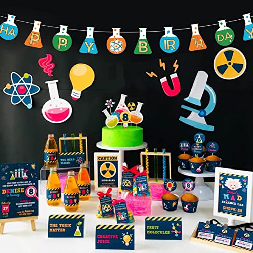 Science Theme Birthday Decoration Kit Science Birthday Banner & Hanging Swirls Ceiling Whirl Streamer Hanging Cutouts Set Mad Science Party for Kids Birthday Baby Shower Chemistry Laboratory Party