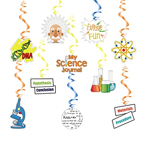 Science Theme Birthday Decoration Kit Science Birthday Banner & Hanging Swirls Ceiling Whirl Streamer Hanging Cutouts Set Mad Science Party for Kids Birthday Baby Shower Chemistry Laboratory Party