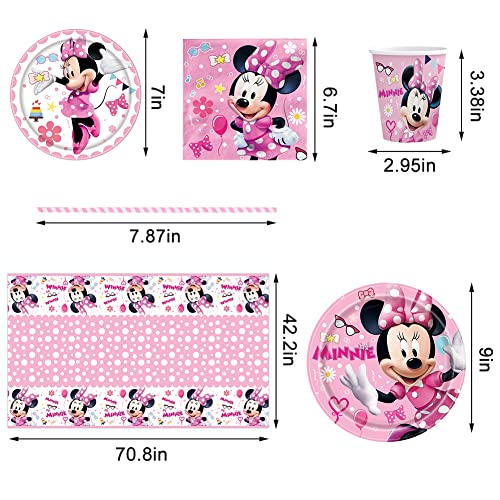 61 pcs Min-nie Tableware Packs Min-nie Happy Birthday Party Supplies Min-nie Tableware Decoration for Kids Includes Plates, Cups,Tablecloth,Napkins For 10 Guests
