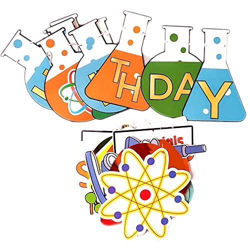 Science Theme Birthday Decoration Kit Science Birthday Banner & Hanging Swirls Ceiling Whirl Streamer Hanging Cutouts Set Mad Science Party for Kids Birthday Baby Shower Chemistry Laboratory Party