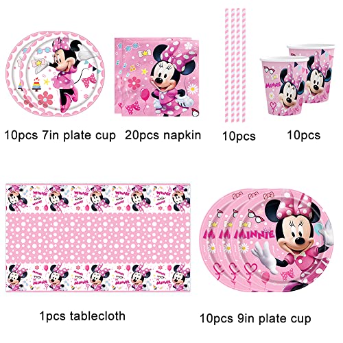 61 pcs Min-nie Tableware Packs Min-nie Happy Birthday Party Supplies Min-nie Tableware Decoration for Kids Includes Plates, Cups,Tablecloth,Napkins For 10 Guests