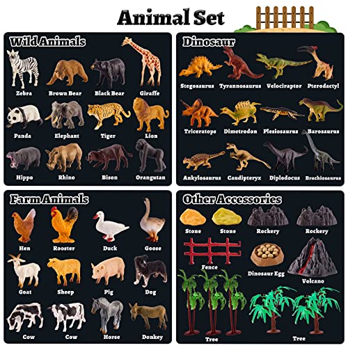 TOEY PLAY 3 in 1 Animals Toys, Farm Animals, Wild Jungle Zoo Animal, Dinosaur Toy, Mini Animal Figures Set with Carry Case, 56PCS, Gifts for Kids Boys Girls 3 4 5 6 Years Old