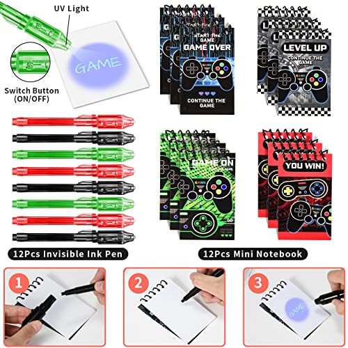 Latocos 74pcs Video Game Party Bag Fillers Video Game Party Favours Invisible Ink Spy Pen Notebook Keychain Stamper Silicone Bracelet Gift Bags Tattoo Treat Pinata Boys Kids Birthday Party Supplies