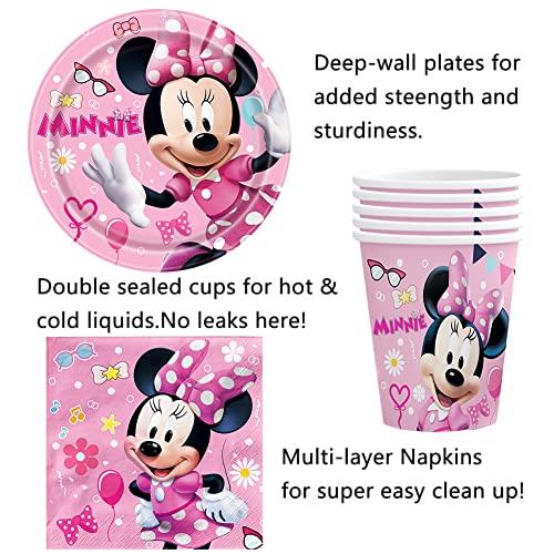 61 pcs Min-nie Tableware Packs Min-nie Happy Birthday Party Supplies Min-nie Tableware Decoration for Kids Includes Plates, Cups,Tablecloth,Napkins For 10 Guests
