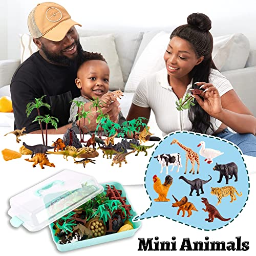 TOEY PLAY 3 in 1 Animals Toys, Farm Animals, Wild Jungle Zoo Animal, Dinosaur Toy, Mini Animal Figures Set with Carry Case, 56PCS, Gifts for Kids Boys Girls 3 4 5 6 Years Old
