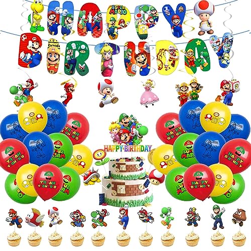 Super Birthday Party Decorations Boys Girls Ma-rio Birthday Decorations Bros Swirls Foil Balloons Happy Birthday Banner Cake Toppers Party Balloons for Kid Mario Theme Party Supplies Decoration