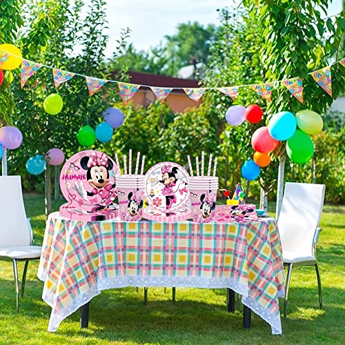 61 pcs Min-nie Tableware Packs Min-nie Happy Birthday Party Supplies Min-nie Tableware Decoration for Kids Includes Plates, Cups,Tablecloth,Napkins For 10 Guests