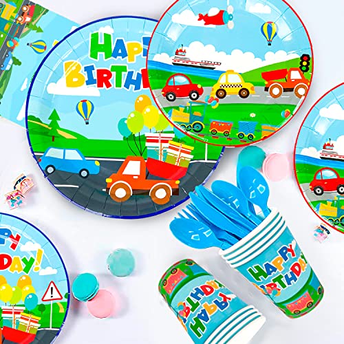 190pcs Transportation Birthday Party Supplies Tableware Set Including Car Train Plane Birthday Banner Tablecloth Plates Cups Napkins ect Transportation Theme Party Supplies for Boys Kids Birthday
