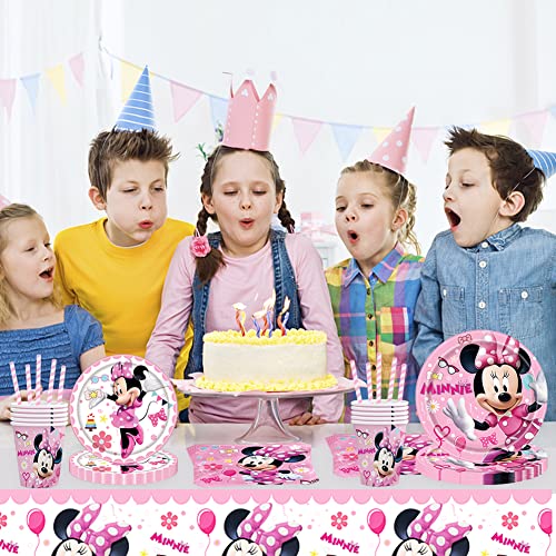 61 pcs Min-nie Tableware Packs Min-nie Happy Birthday Party Supplies Min-nie Tableware Decoration for Kids Includes Plates, Cups,Tablecloth,Napkins For 10 Guests