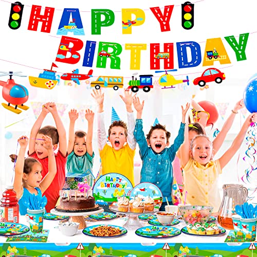 190pcs Transportation Birthday Party Supplies Tableware Set Including Car Train Plane Birthday Banner Tablecloth Plates Cups Napkins ect Transportation Theme Party Supplies for Boys Kids Birthday
