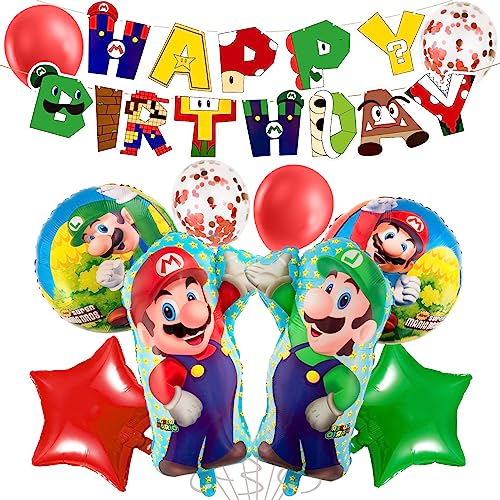 CHUKUA Ma-rio Birthday Party Decorations Boys Girls- Super Balloons Bros Foil Balloons Happy Birthday Banner for Kids Birthday Theme Party Supplies Decoration