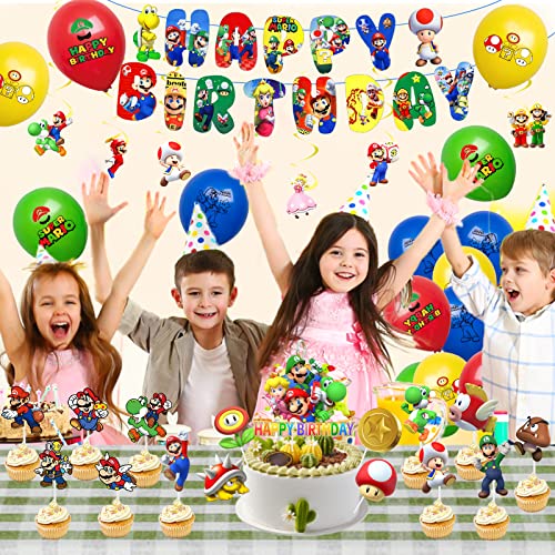 Super Birthday Party Decorations Boys Girls Ma-rio Birthday Decorations Bros Swirls Foil Balloons Happy Birthday Banner Cake Toppers Party Balloons for Kid Mario Theme Party Supplies Decoration