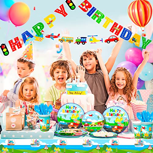 190pcs Transportation Birthday Party Supplies Tableware Set Including Car Train Plane Birthday Banner Tablecloth Plates Cups Napkins ect Transportation Theme Party Supplies for Boys Kids Birthday