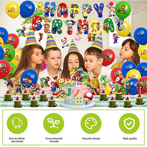 Super Birthday Party Decorations Boys Girls Ma-rio Birthday Decorations Bros Swirls Foil Balloons Happy Birthday Banner Cake Toppers Party Balloons for Kid Mario Theme Party Supplies Decoration