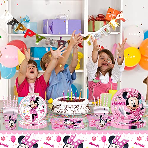 61 pcs Min-nie Tableware Packs Min-nie Happy Birthday Party Supplies Min-nie Tableware Decoration for Kids Includes Plates, Cups,Tablecloth,Napkins For 10 Guests