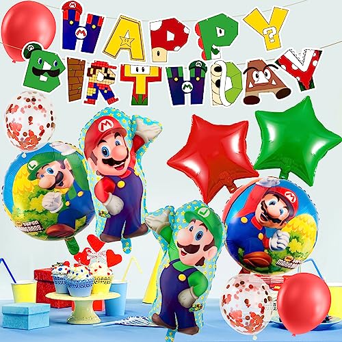 CHUKUA Ma-rio Birthday Party Decorations Boys Girls- Super Balloons Bros Foil Balloons Happy Birthday Banner for Kids Birthday Theme Party Supplies Decoration