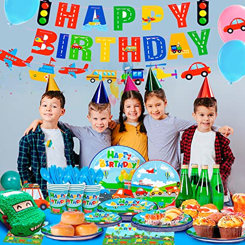 190pcs Transportation Birthday Party Supplies Tableware Set Including Car Train Plane Birthday Banner Tablecloth Plates Cups Napkins ect Transportation Theme Party Supplies for Boys Kids Birthday