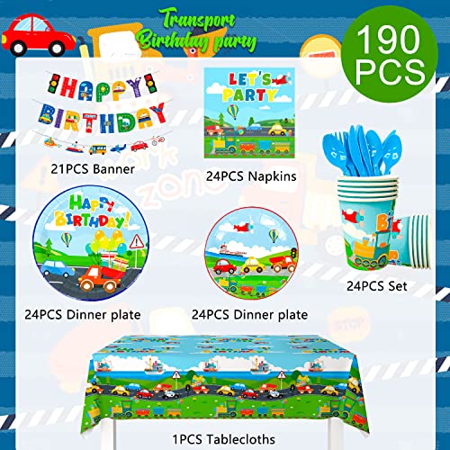 190pcs Transportation Birthday Party Supplies Tableware Set Including Car Train Plane Birthday Banner Tablecloth Plates Cups Napkins ect Transportation Theme Party Supplies for Boys Kids Birthday