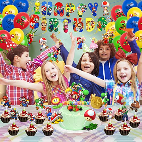 Super Birthday Party Decorations Boys Girls Ma-rio Birthday Decorations Bros Swirls Foil Balloons Happy Birthday Banner Cake Toppers Party Balloons for Kid Mario Theme Party Supplies Decoration