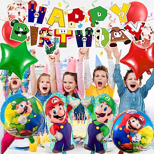 CHUKUA Ma-rio Birthday Party Decorations Boys Girls- Super Balloons Bros Foil Balloons Happy Birthday Banner for Kids Birthday Theme Party Supplies Decoration