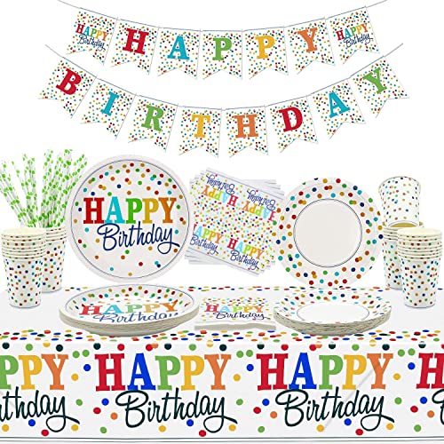 XJLANTTE Rainbow Party Supplies - Birthday Banner, Colorful Mini Polka Dot Paper Plates, Napkins, Cups, Tablecloth, and Straws for Kid Adult Party Decorations, Serves 20 Guests
