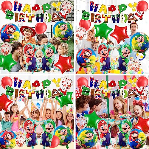 CHUKUA Ma-rio Birthday Party Decorations Boys Girls- Super Balloons Bros Foil Balloons Happy Birthday Banner for Kids Birthday Theme Party Supplies Decoration