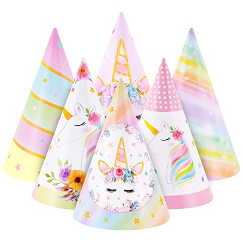 Unicorn Happy Birthday Hats - 12 Pcs Unicorn Party Headwear for Kids Rainbow Theme Party Supplies Cake Hats for Girls Birthday Party Decorations Cone Hats with Elastic Cords